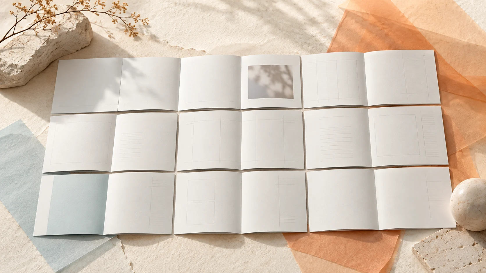 会社案内パンフレットの台割を表す、開いた冊子のイメージ